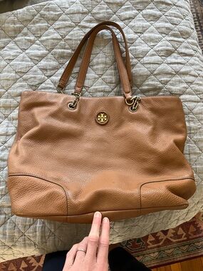 Tory Burch Cognac Pebbled Leather Tote with Gold Logo